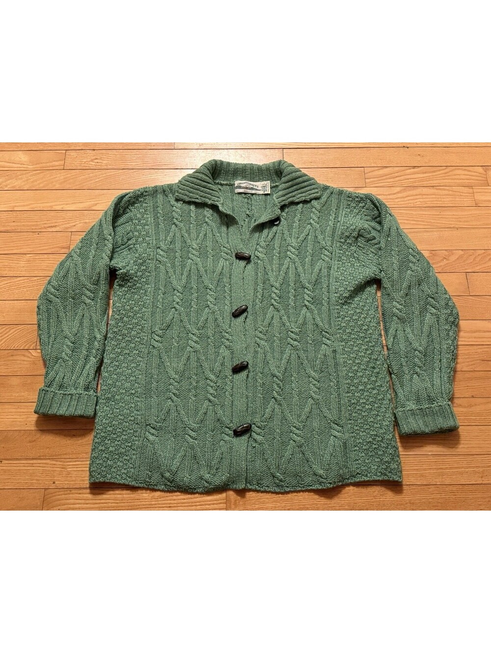 Aran Crafts Ireland Merino Wool Cable Knit Cardigan Sweater Size L Green